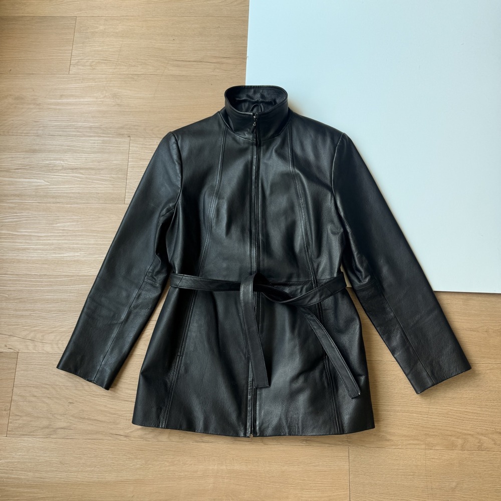 Y2K Black Leather Jacket Belted Mock Neck Zip Up Coat Womens Medium Worthington